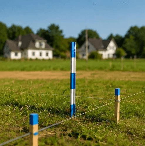 Vermessenes Baugrundstück mit Absteckpfahl und Schnur