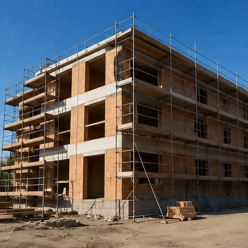 Rohbau eines Mehrfamilienhauses mit Gerüst
