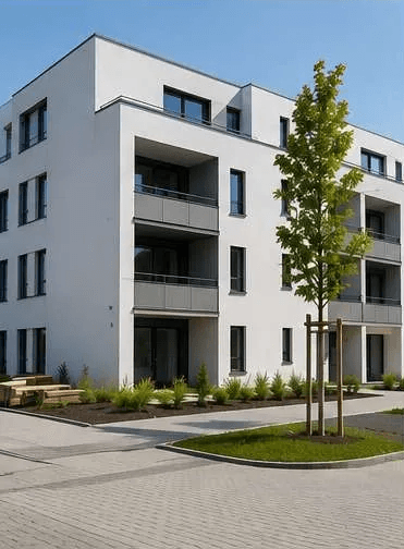 Fertiggestelltes modernes Mehrfamilienhaus mit Außenanlagen