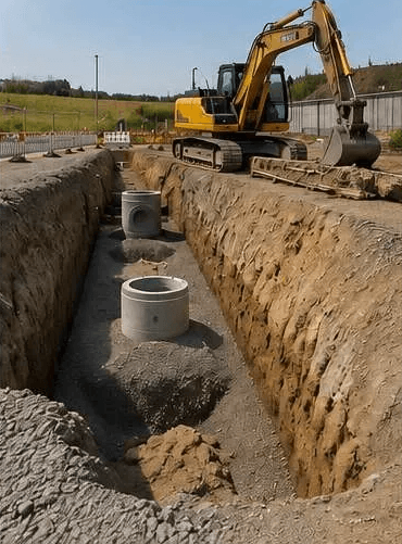 Bagger an einem ausgehobenen Graben mit Betonschächten