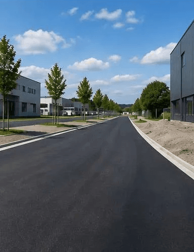 Frisch asphaltierte Erschließungsstraße im Gewerbegebiet